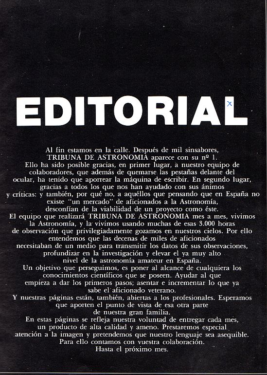 Editorial del primer número de la revista Tribuna de Astronomía, hoy Astronomía Magazine. IMAGEN: elojoenelcielo.blogspot.es
